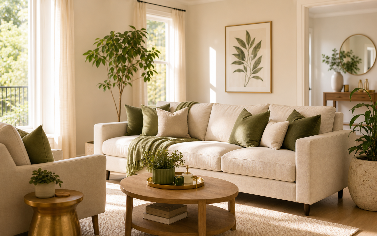 Bright clean living room with cream furniture and green accents