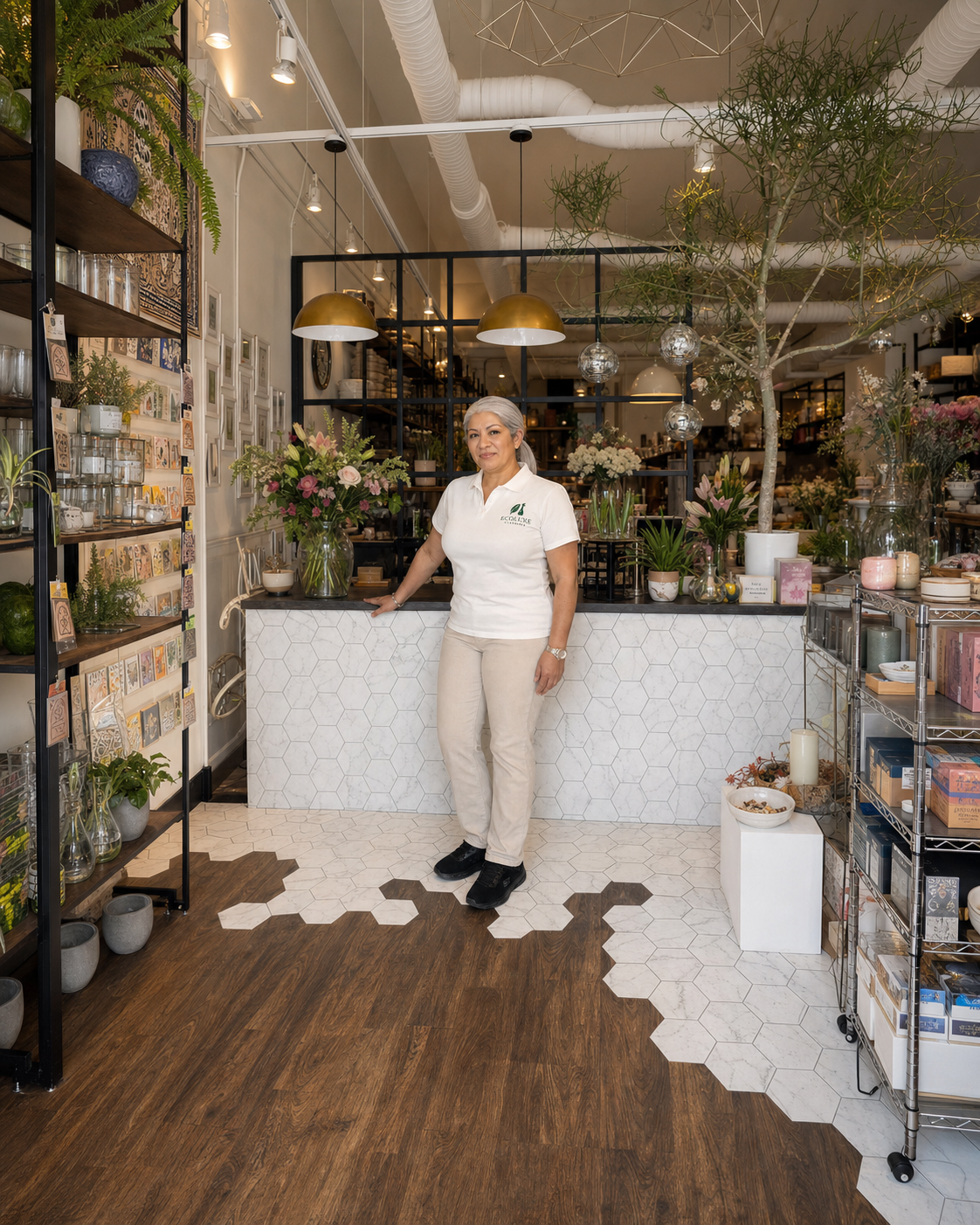 Kaila standing confidently in front of a floral-shop counter as the owner of EcoLuxe