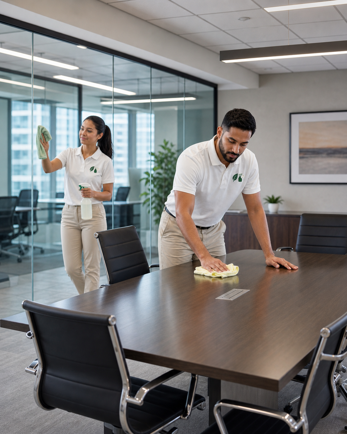 EcoLuxe team cleaning a glass-walled commercial office