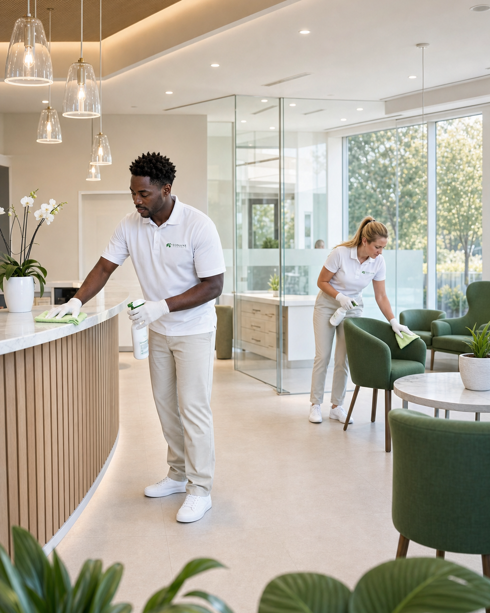 EcoLuxe team cleaning a modern professional office