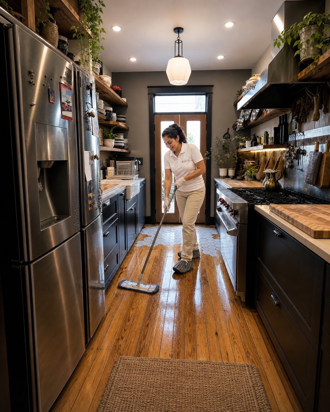 EcoLuxe professional mopping a residential galley kitchen modeled after client work