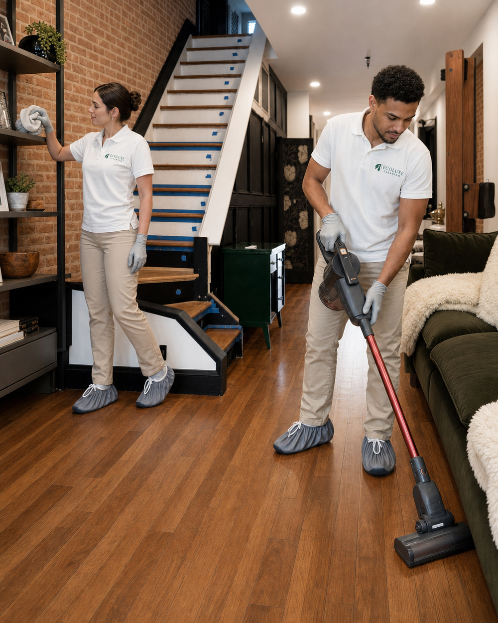 EcoLuxe team cleaning a residential rowhome modeled after client work