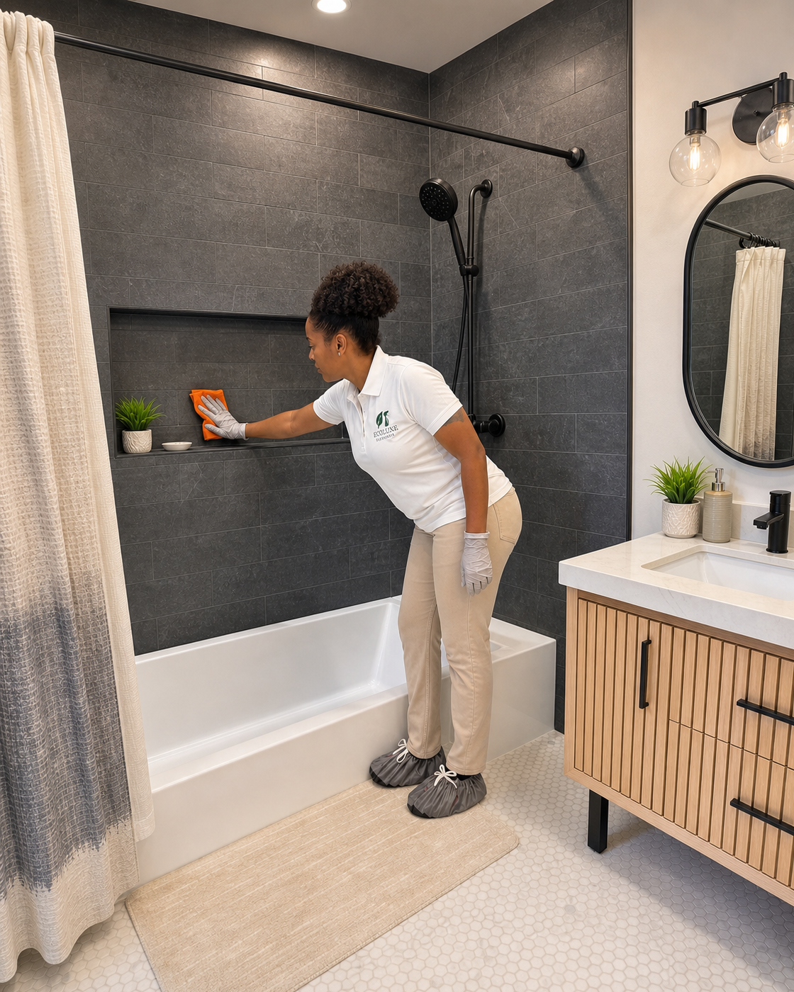 EcoLuxe professional deep cleaning a residential slate bathroom modeled after client work