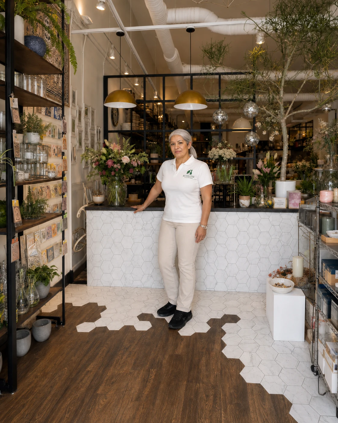Kaila standing confidently in front of a floral-shop counter as the owner of EcoLuxe