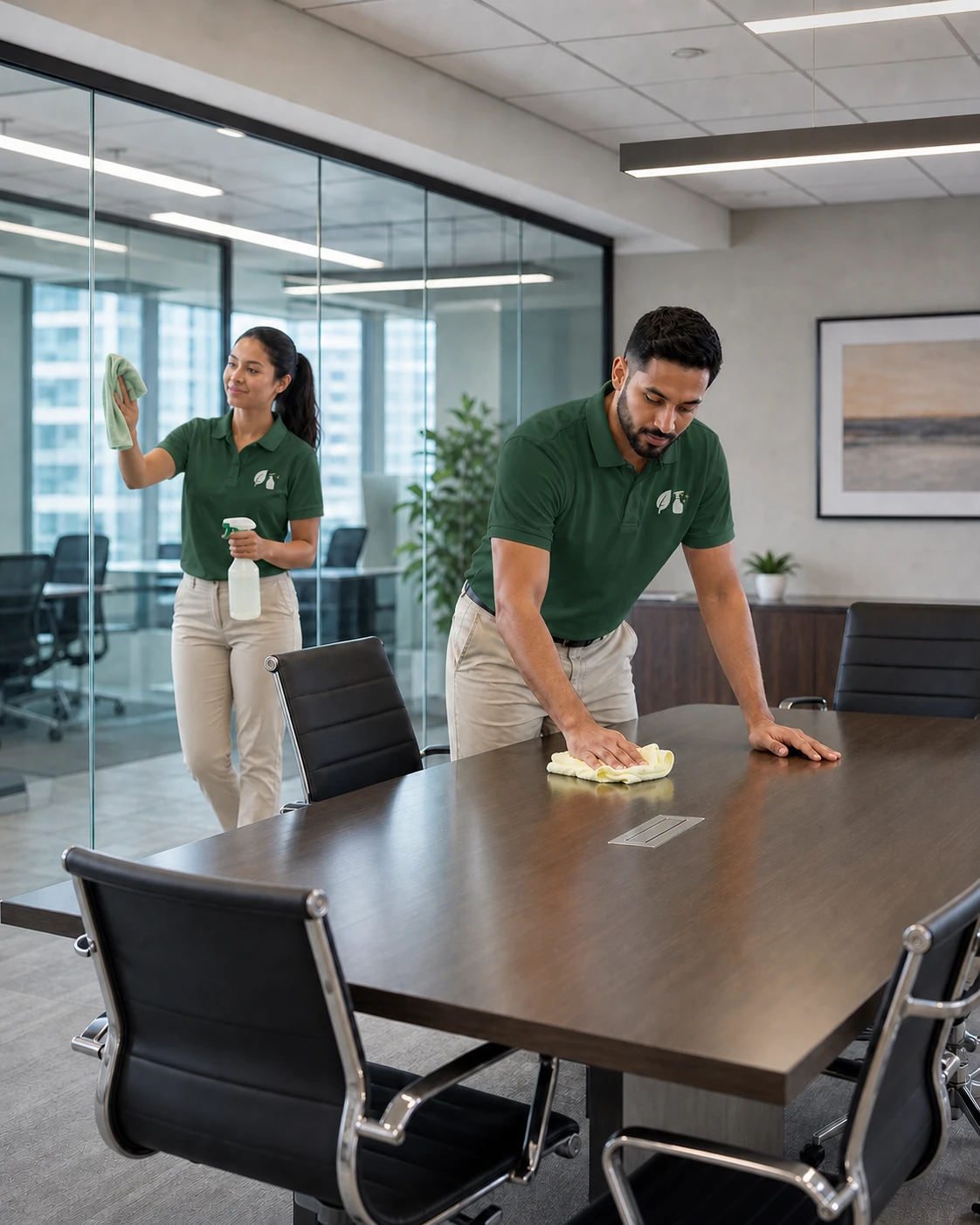EcoLuxe team cleaning a glass-walled commercial office