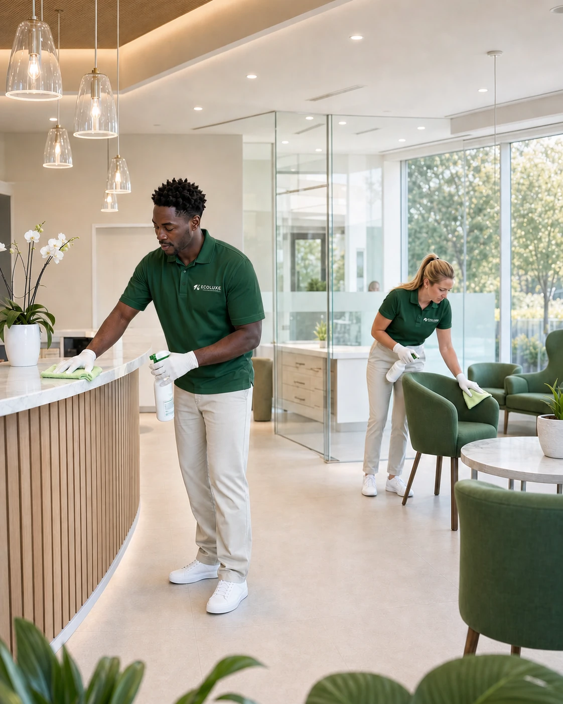 EcoLuxe team cleaning a modern professional office