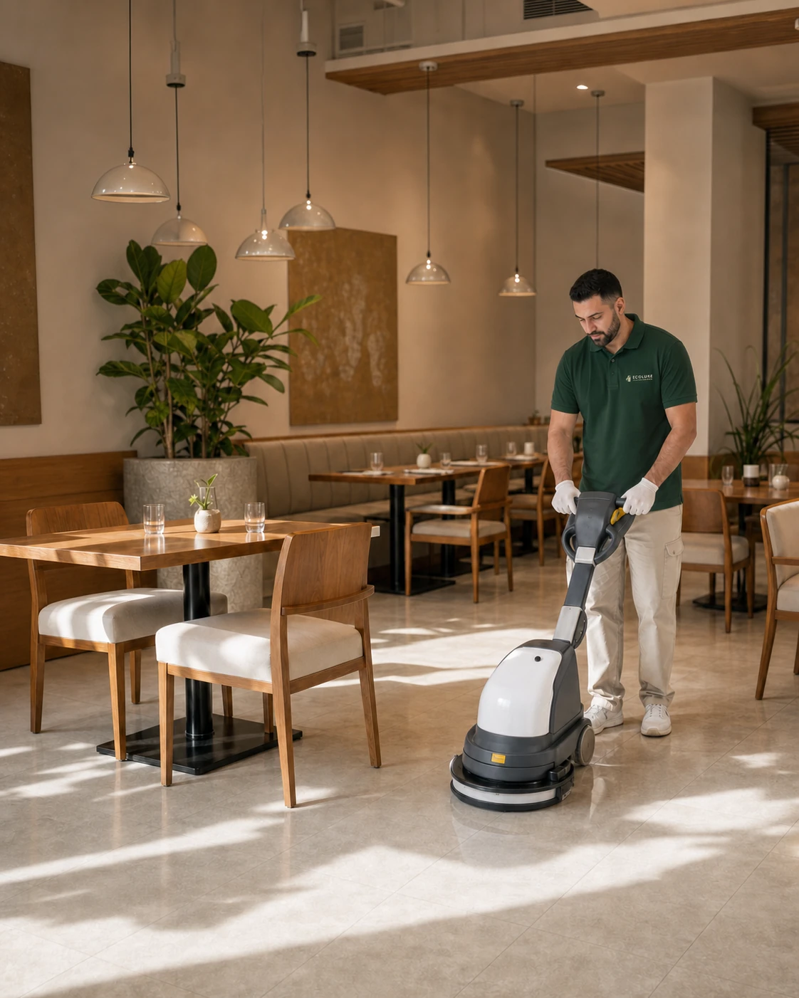 EcoLuxe professional maintaining a restaurant floor