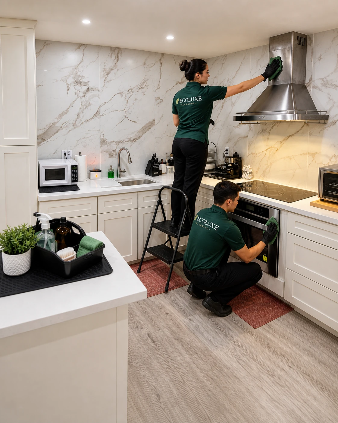 EcoLuxe team detailing a residential range hood and oven