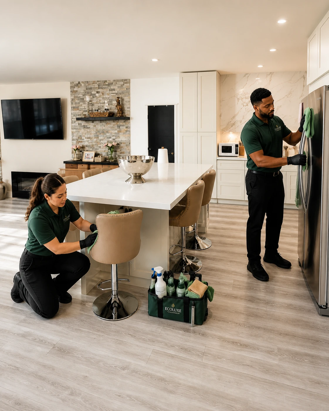 EcoLuxe team polishing a refrigerator and cleaning kitchen seating