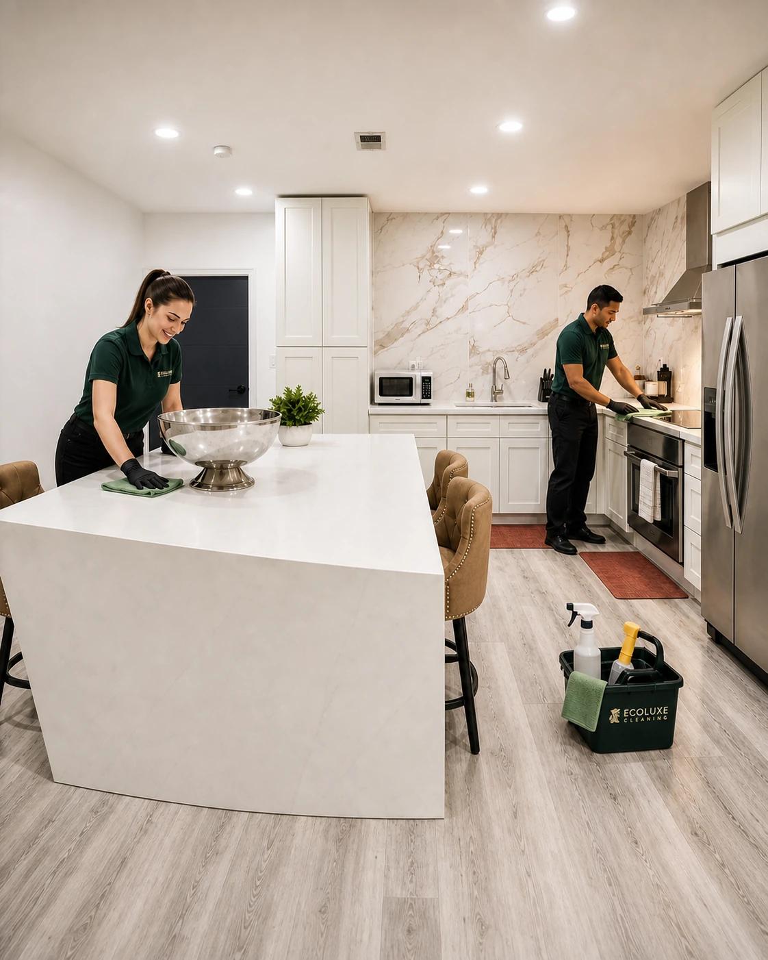 EcoLuxe team cleaning a residential kitchen island and counters