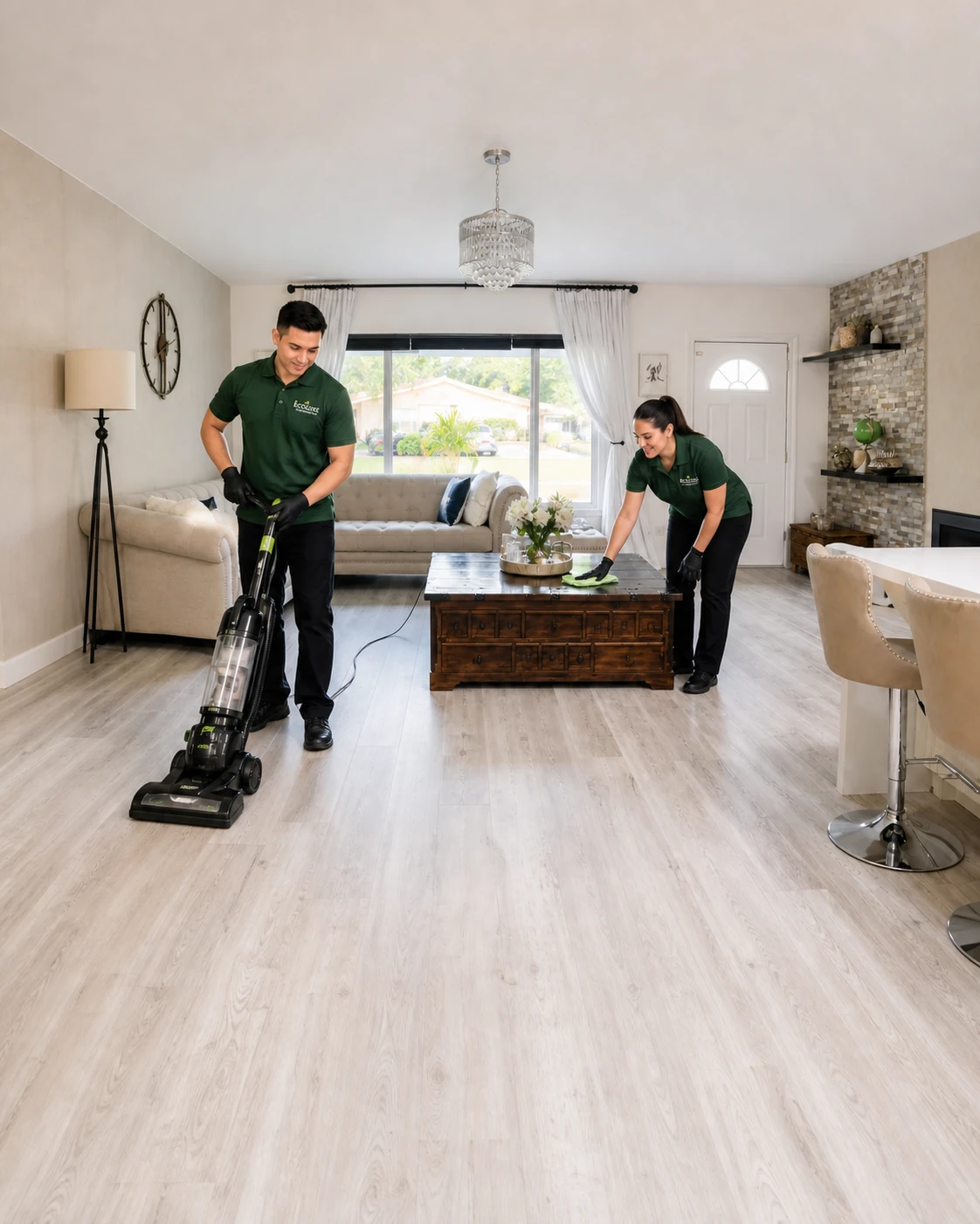 EcoLuxe team vacuuming and wiping an open-plan living room