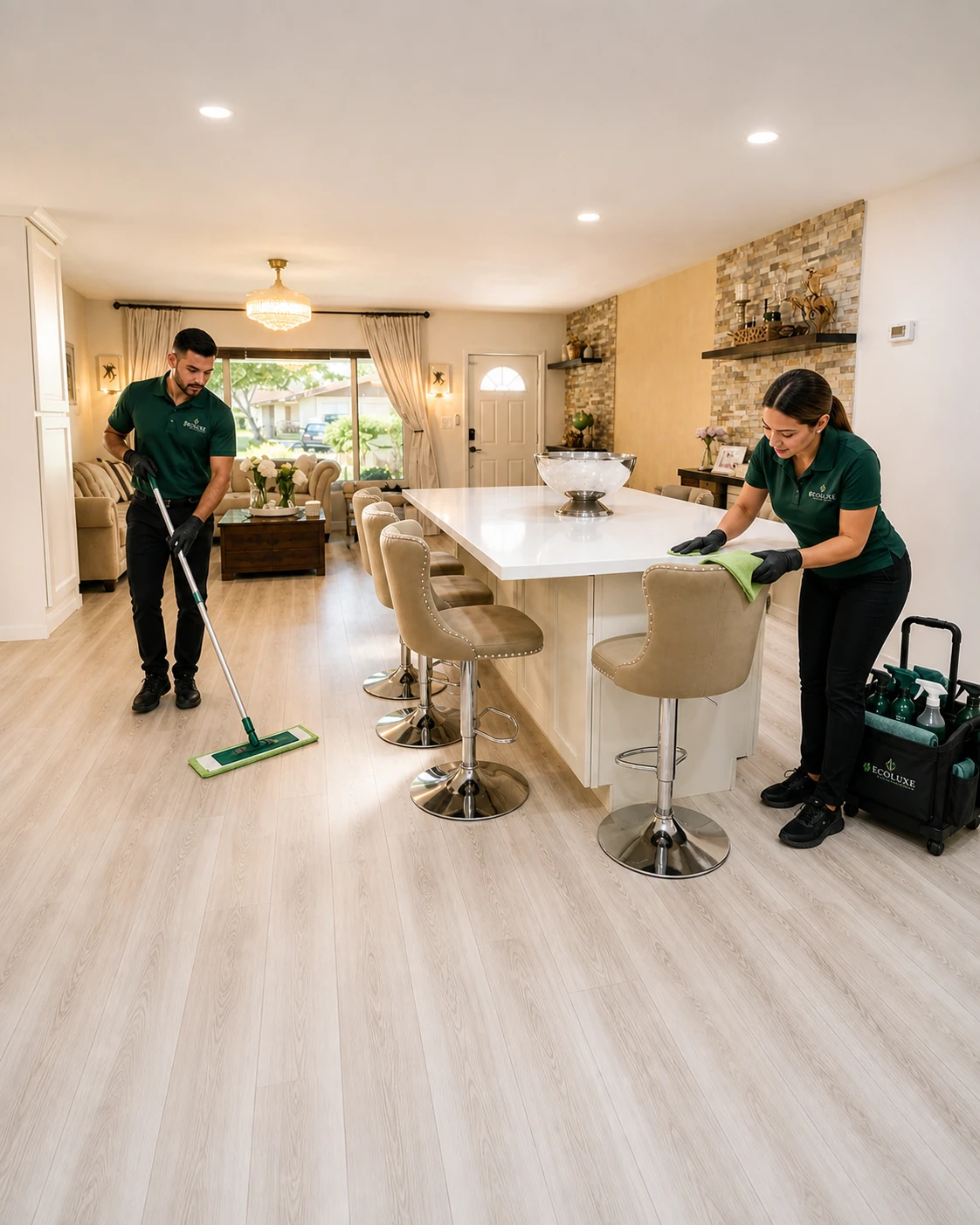 EcoLuxe team mopping floors and cleaning island seating