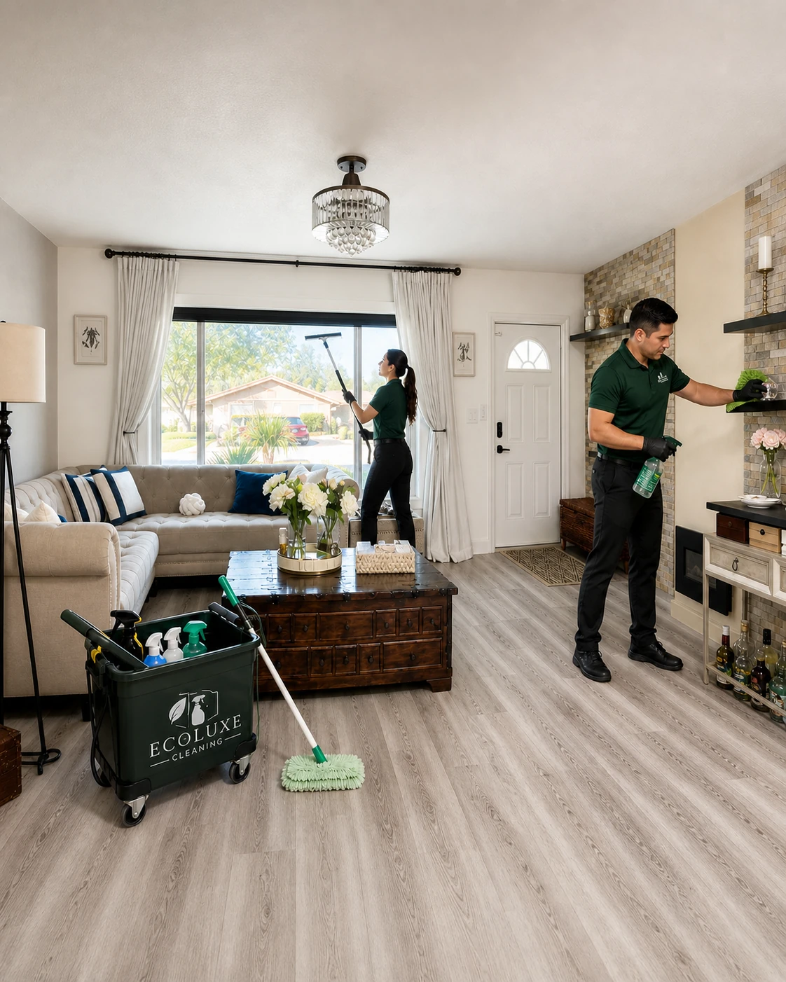 EcoLuxe team cleaning a living-room window and fireplace shelves