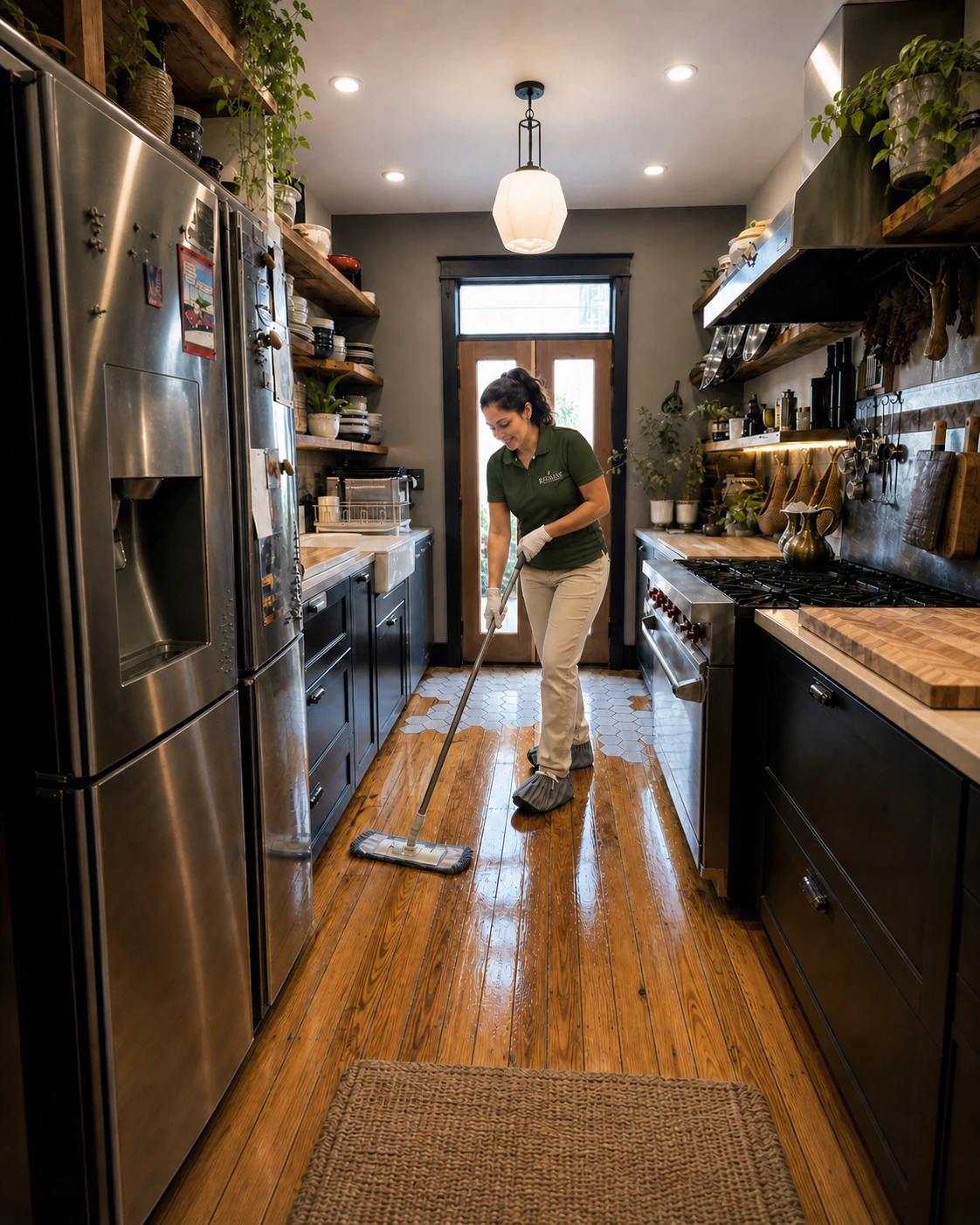 EcoLuxe professional mopping a residential galley kitchen modeled after client work