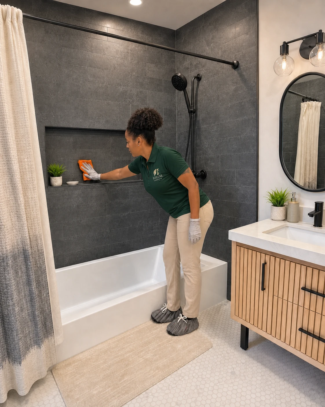 EcoLuxe professional deep cleaning a residential slate bathroom modeled after client work