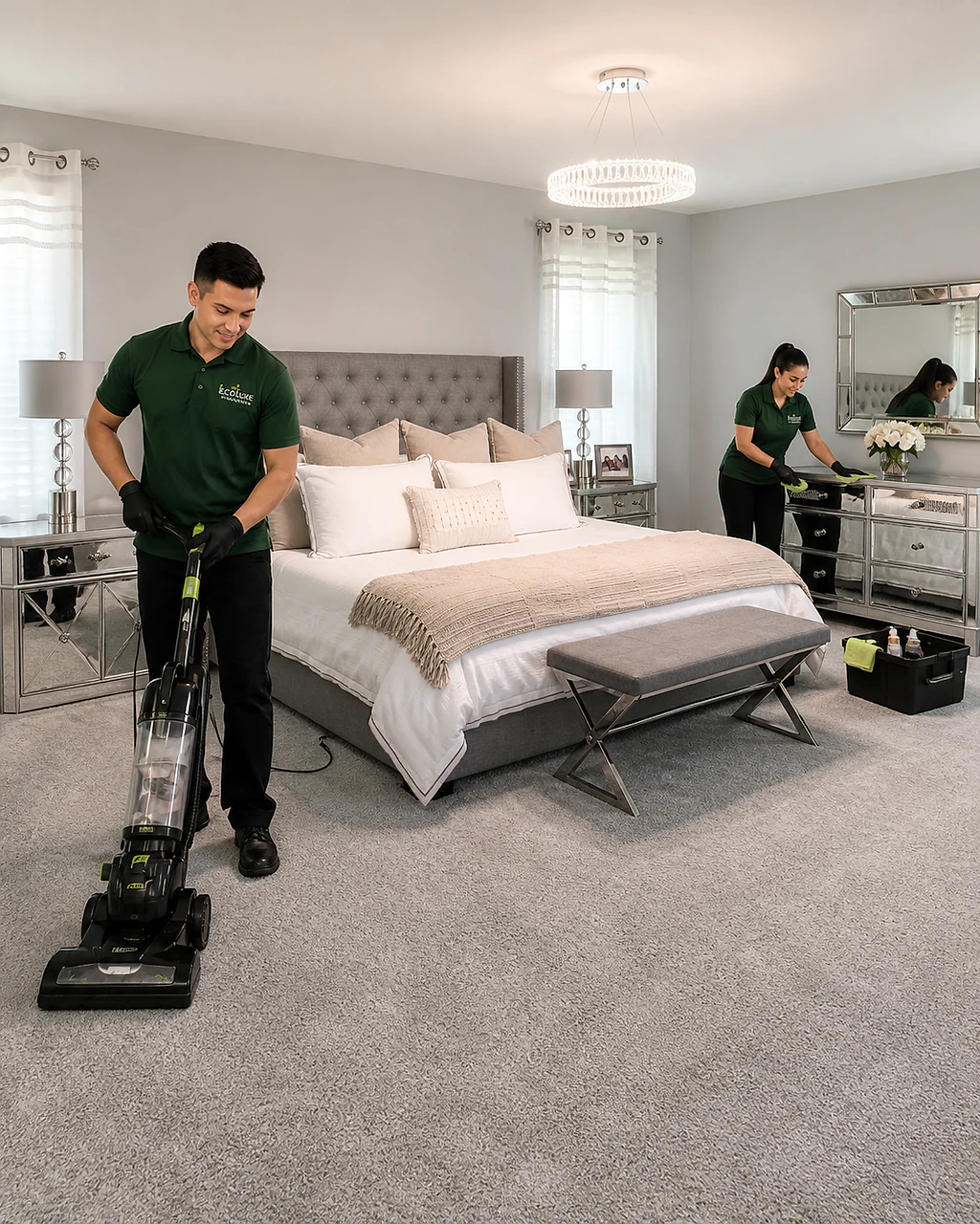 EcoLuxe professionals vacuuming carpet and polishing a mirrored dresser in a reference-modeled primary bedroom